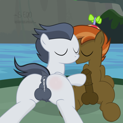 Size: 2400x2414 | Tagged: explicit, artist:shutterflyeqd, button mash, after anal, anal creampie, anus, backsack, balls, butt, colt, colt on colt, creampie, cum, earth pony, eyes closed, foal, foalcon, g4, gay, high res, imported from derpibooru, kiss on the lips, kissing, looking pleasured, male, nudity, pegasus, plot, pony, rumble, ship:rumblemash, shipping, show accurate, show accurate porn, taint