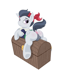 Size: 2400x3000 | Tagged: explicit, artist:regolithart, anus, balls, colt, crossdressing, dock, femboy, foal, foalcon, g4, high res, imported from derpibooru, lidded eyes, male, nudity, pegasus, pirate, pony, rumble, sissy, solo, solo male, stupid sexy rumble, treasure chest