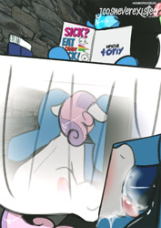 Size: 727x1024 | Tagged: explicit, artist:jcosneverexisted, sweetie belle, oc, oc:ice walker, alternate version, balls, blowjob, blushing, canon x oc, cum, doodle, faceless female, facial, female, filly, foal, foalcon, g4, horsecock, imported from derpibooru, male, nudity, offscreen character, oral, patreon, penis, pony, sex, sitting, stallion, straight, tongue out, under the table