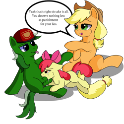 Size: 3000x3000 | Tagged: explicit, grimdark, artist:secret to everybody, apple bloom, applejack, oc, oc:jack, age difference, apple sisters, blowjob, canon x oc, earth pony, female, filly, foal, foalcon, g4, high res, imported from derpibooru, mare, nudity, oral, penis, pony, punishment, rape, rape as punishment, sex, siblings, simple background, sisters, speech bubble, transparent background