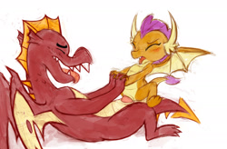 Size: 2168x1426 | Tagged: explicit, artist:dancingchar, brother, brother and sister, cowgirl position, dragon, dragoncest, female, foalcon, g4, garble, holding hands, imported from derpibooru, incest, male, nudity, penetration, penis, sex, ship:smolble, shipping, sibling incest, siblings, sister, smolder, straight, tongue out, vaginal, vulva