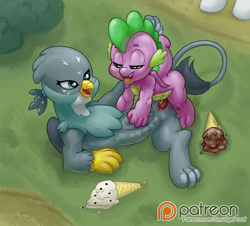 Size: 2000x1811 | Tagged: explicit, artist:smudge proof, rarity, spike, crotchboobs, dragon, dragon dropped, dragon on griffon action, female, foalcon, food, g4, gabby, griffon, ice cream, imported from derpibooru, male, multiboob, multiple nipples, my little pony: friendship is magic, mythologically accurate, nipples, nudity, offscreen character, offscreen female, patreon, paw pads, paws, penetration, pony, scene interpretation, season 9, sex, ship:spabby, shipping, straight, trio, vaginal, vulva, winged spike, wings