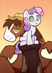 Size: 1442x2000 | Tagged: explicit, artist:anonymous, sweetie belle, big penis, blushing, cute, cute porn, earth pony, female, filly, filly on stallion, foal, foalcon, g4, imported from derpibooru, impossibly large penis, looking at you, male, nudity, penis, pony, reverse foalcon, size difference, stallion, trouble shoes, unicorn