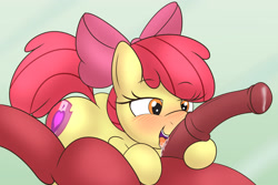 Size: 3000x2001 | Tagged: explicit, artist:an-tonio, apple bloom, blushing, derpibooru exclusive, drool, duo, earth pony, eyebrows, eyebrows visible through hair, faceless male, female, female focus, filly, foal, foalcon, g4, high res, horsecock, imported from derpibooru, licking, licking cock, lidded eyes, male, medial ring, nudity, offscreen character, open mouth, open smile, oral, penis, pony, sex, simple background, smiling, solo focus, straight, the cmc's cutie marks, tongue out