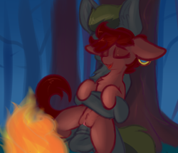 Size: 2448x2109 | Tagged: explicit, oc, oc:flint spark, oc:ruby rouge, age difference, artist needed, balls, big dom small sub, campfire, chest fluff, colt quest, earth pony, eyes closed, female, filly, finally lewd for ruby, foal, foalcon, from behind, happy sex, high res, human vulva on pony, imported from derpibooru, male, nudity, oc x oc, open mouth, penetration, penis, pony, pubic fluff, sex, shipping, smiling, stallion, stallion on filly, straight, vaginal, vulva