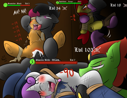 Size: 1800x1400 | Tagged: explicit, artist:kingkrail, apple bloom, scootaloo, sweetie belle, oc, against wall, age difference, ahegao, big dom small sub, blindfold, blushing, breath, canon x oc, clothed female nude female, clothed female nude male, clothed male nude female, clothed male nude male, clothes, cum, cunnilingus, cutie mark crusaders, damaged, defeated, earth pony, face licking, faceless male, fantasy, fantasy class, female, filly, foal, foalcon, french kiss, from behind, g4, gangbang, group sex, hat, health bars, imported from derpibooru, jewelry, kiss on the lips, kissing, levels, licking, male, neck licking, offscreen character, open mouth, oral, partially undressed, pegasus, penetration, pinned, pony, pvp, reverse suspended congress, rpg, rpg battle, scar, sex, stallion, stallion on filly, standing sex, straight, suspended congress, swirly eyes, text, tongue out, torn clothes, unicorn, vaginal