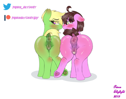 Size: 6500x5160 | Tagged: explicit, artist:prince_skylight, oc, oc:choco cream, oc:jade stone, anus, big clitoris, blushing, butt, clitoris, dock, duo, female, floppy ears, foalcon, frog (hoof), imported from derpibooru, large ponut, looking at you, looking back, looking back at you, nudity, p-version x, parody, plot, ponut, pony, px, smiling, smirk, underhoof, vulva, vulvar winking, wwe parody