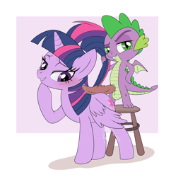 Size: 3078x3182 | Tagged: explicit, artist:enookie, spike, twilight sparkle, age difference, alicorn, big penis, blushing, erection, eyes on the prize, female, foalcon, g4, high res, imported from derpibooru, lip bite, male, nudity, penis, pony, precum, reacting to nudity, ridged penis, ship:twispike, shipping, stool, straight, vaginal secretions