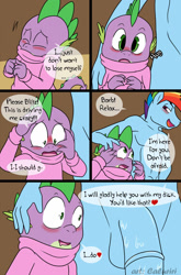 Size: 844x1280 | Tagged: explicit, artist:caluriri, rainbow dash, spike, comic:the rainbow dragon workout and recovery plan, anthro, anthro on dragon action, balls, barb, blushing, casual nudity, clothes, comic, dragon, exhibitionism, female, foalcon, g4, horsecock, imported from derpibooru, male, nudity, penis, rainbow blitz, rule 63, ship:barblitz, ship:rainbowspike, shipping, straight, sweater