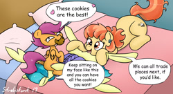Size: 1414x769 | Tagged: explicit, artist:strebiskunk, scootaloo, aunt holiday, auntie lofty, clitoris, cookie, cunnilingus, cute, cute porn, dialogue, earth pony, equestria's best aunts, facesitting, faic, female, foalcon, food, g4, group sex, imported from derpibooru, incest, lesbian, mare, nudity, oral, pegasus, pony, scootacest, sex, ship:lofty day, ship:loftyloo, shipping, tongue out, vulva