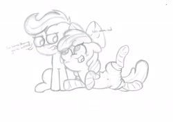 Size: 2340x1654 | Tagged: explicit, artist:hopefulsparks, apple bloom, scootaloo, blushing, clothes, dialogue, earth pony, female, filly, foal, foalcon, g4, imported from derpibooru, monochrome, nudity, pegasus, pony, sketch, socks, traditional art, vulva