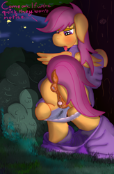 Size: 946x1440 | Tagged: explicit, artist:not_texmex, scootaloo, anatomically correct, anus, bedroom eyes, blushing, clitoris, clothes, derpibooru exclusive, dock, drool, female, filly, foal, foalcon, frilly underwear, g4, imminent sex, imported from derpibooru, lidded eyes, mottled genitals, night, nudity, outdoors, pajamas, panties, panties pulled down, ponut, pony, presenting, solo, solo female, text, tongue out, underwear, vaginal secretion stain, vaginal secretions, vulva, vulvar winking