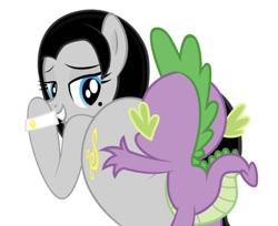Size: 750x611 | Tagged: explicit, artist:mrmaclicious, editor:undeadponysoldier, oc, oc:klavinova, beauty mark, bedroom eyes, canon x oc, crack shipping, cuffs (clothes), dragon, earth pony, edit, female, foalcon, imported from derpibooru, interspecies, male, mare, pony, ship:spikenova, shipping, simple background, straight, white background