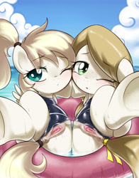 Size: 2878x3662 | Tagged: explicit, artist:pestil, oc, oc:ilse, oc:luftkrieg, anatomically correct, anus, aryan, aryan pony, beach, blonde, blushing, clitoris, clothes, crotchboobs, earth pony, female, filly, foal, foalcon, high res, imported from derpibooru, inner tube, nazi, nazipone, nipples, nudity, oc only, one eye closed, one-piece swimsuit, pegasus, ponut, pony, presenting, swastika, swimsuit, teats, vulva, wet