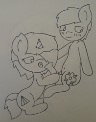 Size: 720x918 | Tagged: explicit, artist:lightning135, oc, oc:deren, oc:lightwave, belly button, blushing, colt, earth pony, female, filly, filly on colt, foal, foalcon, imminent oral, imminent sex, imported from derpibooru, male, nudity, oc only, open mouth, penis, pony, sitting, straight, traditional art, unicorn