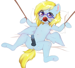 Size: 1563x1420 | Tagged: explicit, artist:bream, oc, oc:cloud cuddler, aftersex, anal creampie, anus, ballgag, balls, bed, belly button, blonde hair, blushing, bondage, creampie, cum, cum on body, cum on glasses, drool, foalcon, futa, futa oc, gag, glasses, hooves, imported from derpibooru, intersex, looking at you, medial ring, nudity, oc only, on back, on bed, pegasus, pegasus oc, penis, pillow, pony, rope, rope bondage, simple background, solo, solo futa, spread legs, spread wings, spreading, wingboner, wings