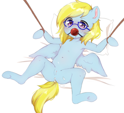 Size: 1563x1420 | Tagged: explicit, artist:bream, oc, oc:cloud cuddler, aftersex, anal creampie, anus, ballgag, bed, belly button, blonde hair, blushing, bondage, creampie, cum, cum on body, cum on glasses, drool, female, foalcon, gag, glasses, hooves, human vulva on pony, imported from derpibooru, looking at you, nudity, oc only, on back, on bed, pegasus, pegasus oc, pillow, pony, rope, rope bondage, simple background, solo, solo female, spread legs, spread wings, spreading, vulva, wingboner, wings