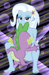 Size: 638x978 | Tagged: questionable, artist:dirty mike, editor:undeadponysoldier, spike, age difference, bedroom eyes, breastfeeding, breasts, dragon, dragon on human action, duo, duo male and female, equestria girls, female, foalcon, g4, human, human on dragon action, imported from derpibooru, interspecies, male, nudity, obscured penetration, penetration, sex, ship:spixie, shipping, softcore, spread legs, spreading, straight, suckling, trixie, vaginal, wingless spike