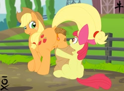 Size: 1280x941 | Tagged: explicit, grotesque, artist:-ox, apple bloom, applejack, anatomically correct, anus, applejack's hat, bag, bedroom eyes, butt, clitoris, cowboy hat, crotchboobs, dock, earth pony, female, fence, fetish, filly, foal, foalcon, g4, hat, hoof hold, imported from derpibooru, looking back, mare, nipples, nudity, plot, ponut, pony, poop, pooping, sack, scat, sitting, smiling, teats, vulva, vulvar winking