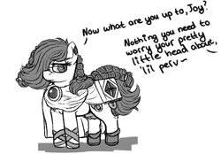 Size: 890x618 | Tagged: questionable, artist:hipsanon, oc, oc:emerald jewel, amulet, balls, book, braid, braided tail, casual nudity, child, clothes, colt, colt quest, costume, ear piercing, earth pony, femboy, foal, foalcon, glasses, hair over one eye, imported from derpibooru, jewelry, male, monochrome, mooseknuckle, nudity, piercing, pony, sheath, shoes, solo, talking, text