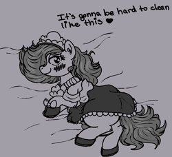 Size: 978x890 | Tagged: questionable, artist:hipsanon, oc, oc:emerald jewel, blushing, bow, child, clothes, colt, colt quest, crossdressing, cute, dress, earth pony, femboy, foal, foalcon, french maid, hair over one eye, heavy blushing, imported from derpibooru, maid, maid headdress, male, monochrome, oc only, pony, shoes, solo, trap