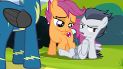 Size: 1280x720 | Tagged: explicit, artist:deserter, artist:linormusicbeatpone, editor:slayer118, scootaloo, balls, blushing, brothers, caught, clothes, colt, edit, edited edit, edited screencap, embarrassed, erection, eyes on the prize, female, filly, filly on colt, foal, foalcon, g4, horsecock, imported from derpibooru, lidded eyes, looking away, looking down, male, marks and recreation, my little pony: friendship is magic, nude edit, nudity, pegasus, penis, pony, precum, rumble, screencap, ship:rumbloo, shipping, show accurate, show accurate porn, siblings, sitting, stallion, stare, straight, the cmc's cutie marks, thunderlane, underhoof, uniform, wonderbolts uniform