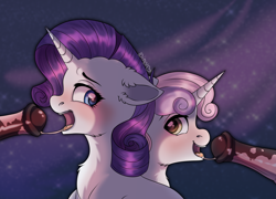 Size: 5000x3595 | Tagged: explicit, artist:dinoalpaka, rarity, sweetie belle, cum, female, foalcon, g4, happy sex, imported from derpibooru, night, nudity, open mouth, oral, outdoors, penis, pony, rcf community, sex, unicorn