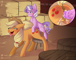 Size: 3543x2810 | Tagged: explicit, artist:amaichix, applejack, diamond tiara, age difference, ahegao, alternate version, anus, applebutt, butt, creampie, cum, cumming, dock, drool, female, filly, filly on mare, foal, foalcon, futa, futa diamond tiara, futa filly, futa filly on mare, futa on female, g4, hay bale, heart eyes, high res, horsecock, imported from derpibooru, intersex, mare, nudity, open mouth, penetration, penis, plot, ponut, pony, sex, tongue out, vaginal, vulva, wingding eyes