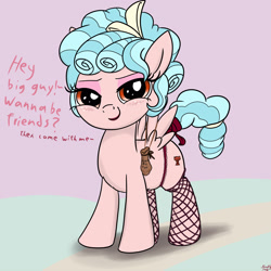 Size: 3000x3000 | Tagged: questionable, artist:littlenaughtypony, bedroom eyes, clothes, cozy glow, female, fishnet stockings, foalcon, g4, garter, grin, high res, implied prostitution, implied sex, imported from derpibooru, legwear, lipstick, looking at you, makeup, pegasus, pony, purse, smiling, smirk, socks, solo, solo female, subtly questionable, tail wrap, thigh highs, vaginal secretions, vaginal secretions trail, when you see it