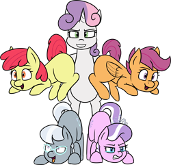 Size: 2924x2822 | Tagged: questionable, apple bloom, diamond tiara, scootaloo, silver spoon, sweetie belle, anonymous artist, bow, crying, cutie mark crusaders, earth pony, female, filly, foal, foalcon, fusion, g4, gestalt, glasses, hair bow, high res, hoof hold, imported from derpibooru, jewelry, looking at you, one of these things is not like the others, pegasus, penetration, pony, pun, simple background, tears of pain, tiara, transparent background, unicorn, voltron, we have become one