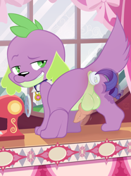 Size: 2450x3300 | Tagged: explicit, artist:tricksta, editor:wumbl3, rarity, spike, anal insertion, anal tail plug, anus, balls, buttplug, collar, dog, edit, equestria girls, female, foalcon, g4, high res, implied shipping, implied sparity, implied straight, imported from derpibooru, insertion, knot, looking back, male, nudity, penis, sex toy, ship:sparity, shipping, shit eating grin, solo, solo male, spike the dog, spiked collar, straight, vibrator