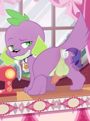 Size: 2450x3300 | Tagged: explicit, artist:tricksta, editor:wumbl3, rarity, spike, anal insertion, anal tail plug, anus, balls, buttplug, collar, dog, edit, equestria girls, female, foalcon, g4, high res, implied shipping, implied sparity, implied straight, imported from derpibooru, insertion, knot, looking back, male, nudity, penis, sex toy, ship:sparity, shipping, shit eating grin, solo, solo male, spike the dog, spiked collar, straight, vibrator