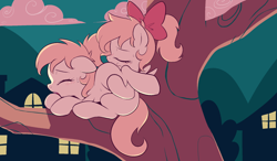 Size: 1552x906 | Tagged: explicit, artist:pestil, oc, oc:aryanne, oc:kyrie, aryan, aryan pony, blonde, bow, branches, cloud, cunnilingus, earth pony, exhibitionism, eyes closed, female, filly, filly on filly, foal, foalcon, hair bow, houses, imported from derpibooru, lesbian, nazipone, night, oc only, oc x oc, oral, pegasus, pony, public sex, sex, shipping, tree