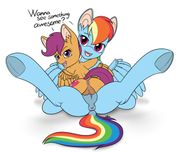 Size: 2000x1715 | Tagged: explicit, artist:firestarsartdump, rainbow dash, scootaloo, anus, butt, cutie mark, dock, female, filly, foal, foalcon, g4, imported from derpibooru, lesbian, looking at you, mare, nudity, open mouth, pegasus, plot, ponut, pony, ship:scootadash, shipping, simple background, the cmc's cutie marks, transparent background, underhoof, vulva