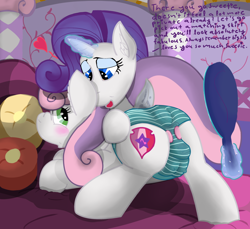 Size: 1574x1440 | Tagged: questionable, artist:not_texmex, rarity, sweetie belle, alternate version, anus cameltoe, cameltoe, carousel boutique, clothes, crotchboobs, derpibooru exclusive, dock, ear fluff, erect nipples, estrus, fainting couch, female, foalcon, g4, heart, imported from derpibooru, magic, mirror, nipple outline, not incest, nudity, nuzzling, panties, pillow, pony, sanitary pad, sex education, sibling love, siblings, sisterly love, sisters, telekinesis, text, underwear, unicorn
