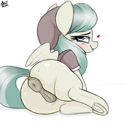 Size: 2200x2200 | Tagged: explicit, artist:aer0 zer0, anus, barley barrel, beanie, butt freckles, dark genitals, dock, female, foalcon, freckles, g4, hat, heart, high res, imported from derpibooru, lidded eyes, lip bite, looking at you, looking back, looking back at you, my little pony: friendship is magic, my little pony: rainbow roadtrip, nudity, ponut, pony, simple background, solo, solo female, underhoof, vulva, white background