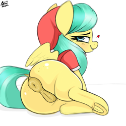 Size: 2200x2200 | Tagged: explicit, artist:aer0 zer0, anus, barley barrel, beanie, butt, butt freckles, dark genitals, dock, female, filly, floating heart, foal, foalcon, freckles, frog (hoof), g4, hat, heart, high res, imported from derpibooru, lidded eyes, lip bite, looking at you, looking back, looking back at you, my little pony: friendship is magic, my little pony: rainbow roadtrip, nudity, pegasus, plot, ponut, pony, rear view, simple background, solo, solo female, underhoof, vulva, white background