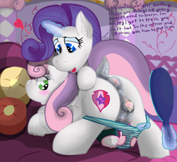 Size: 1574x1440 | Tagged: explicit, artist:not_texmex, rarity, sweetie belle, anatomically correct, anus, ass up, big clitoris, blushing, carousel boutique, clitoris, clothes, crotchboobs, cutie mark, derpibooru exclusive, dialogue, dock, ear fluff, estrus, fainting couch, female, filly, foal, foalcon, g4, imported from derpibooru, magic, mirror, mottled genitals, nipples, not incest, nudity, panties, panties pulled down, pillow, ponut, pony, presenting, raised leg, sanitary pad, sex education, sibling love, siblings, sisterly love, sisters, squash soup, telekinesis, text, the cmc's cutie marks, underwear, unicorn, vaginal secretions, vulva, vulvar winking, wholesome porn