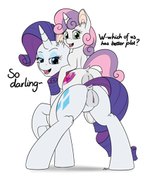 Size: 1645x2000 | Tagged: explicit, artist:firestarsartdump, rarity, sweetie belle, anus, bedroom eyes, butt, cutie mark, dialogue, dock, ear fluff, female, filly, foal, foalcon, frog (hoof), g4, imported from derpibooru, looking at you, looking back, looking back at you, mare, nudity, open mouth, plot, ponies riding ponies, ponut, pony, presenting, puffy vulva, raised hoof, raised tail, rearity, siblings, simple background, sisters, smiling, sweetie butt, tail, tail aside, the cmc's cutie marks, transparent background, underhoof, unicorn, vulva