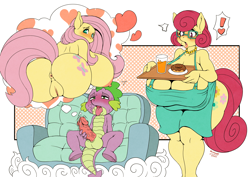 Size: 3508x2480 | Tagged: explicit, artist:michiyoshi, fluttershy, spike, anthro, anthro on dragon action, anus, apron, ass, balls, big breasts, blushing, breasts, busty fluttershy, busty posey shy, butt, chair, clothes, cum, donut, dragon, fail, female, flutterbutt, foalcon, food, g4, heart, high res, huge breasts, implied flutterspike, implied shipping, implied straight, imported from derpibooru, impossibly large breasts, juice, masturbation, milf, naked apron, nipples, nudity, open mouth, orange juice, partial nudity, plump, posey shy, the ass was fat, thought bubble, tongue out, tray, vulva
