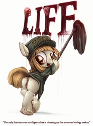 Size: 1292x1749 | Tagged: explicit, grotesque, artist:darkstylerz, oc, alternate version, anus, blood, butt, cleaning, efilism, explicit version, female, foalcon, frog (hoof), hooves, imported from derpibooru, janitor, mop, not foalcon, nsfw edit, nudity, oc only, plot, pony, skull, small mare, solo, solo female, underhoof, vulva