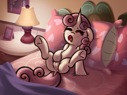 Size: 3200x2400 | Tagged: explicit, artist:hopefulsparks, artist:pestil, sweetie belle, anus, bed, bliss, blushing, blushing profusely, child, collaboration, cute, cute porn, derpibooru exclusive, detailed background, diasweetes, dock, eyes closed, female, filly, floppy ears, foal, foalcon, g4, genitals, high res, human vulva on pony, imported from derpibooru, lamp, masturbation, moan, moaning, moaning in pleasure, mood lighting, nudity, on back, on bed, open mouth, pillow, pony, raised tail, solo, solo female, spread legs, spreading, tail, tail aside, tongue out, underhoof, unicorn, vaginal masturbation, vaginal secretions, vulva, wallpaper