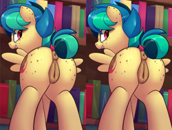 Size: 1970x1500 | Tagged: explicit, artist:shinodage, editor:thunder chaser, oc, oc:apogee, anatomically correct, anus, book, bookshelf, butt, butt freckles, cross eye stereogram, derpibooru exclusive, ear freckles, edit, female, filly, foal, foalcon, freckles, imported from derpibooru, nudity, oc only, plot, ponut, pony, presenting, puffy vulva, rear view, solo, solo female, stereoscopy, tail wrap, tinyface, vulva