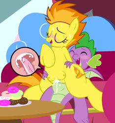 Size: 2200x2349 | Tagged: explicit, artist:succubi samus, spike, 2 handfuls of dem hips, blushing, cervical penetration, commission, couch, creampie, crossbreeding, crotchboobs, cum, cum in uterus, donut, dragon, dragon dick, dragon on pony action, female, foalcon, food, g4, happy sex, high res, imported from derpibooru, impregnation, internal cumshot, interspecies, male, mare, nipples, nudity, older, older spike, pegasus, penetration, pony, reverse cowgirl, sex, ship:spikefire, show accurate, smiling, spitfire, straight, straight shota, sweat, table, this will end in pregnancy, tongue out, uterus, vaginal, winged spike, wings, x-ray