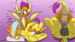 Size: 1920x1080 | Tagged: explicit, artist:thedrizzle404, oc, oc:steadfast, afterglow, anatomically correct, ass up, balls, behind, butt, canon x oc, cloaca, cloacal penetration, commission, cowgirl position, creampie, cum, dragon, dragon on pony action, dragoness, dragoness on stallion, female, fluids, foalcon, g4, genital slit, gradient background, gripping, imported from derpibooru, interspecies, male, nudity, pegasus, penis, plot, pony, post sex mess, sex, smolder, smolderriere, straight, text, vulva, weird lizzer hole, wings, ych result