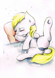 Size: 748x1068 | Tagged: explicit, artist:mashiromiku, oc, oc:luftkrieg, anus, aryan, aryan pony, blonde, dark genitals, female, filly, foal, foalcon, imported from derpibooru, nazipone, nudity, pegasus, pillow, ponut, pony, resting, sleeping, spread legs, spreading, traditional art, vagina, watercolor painting