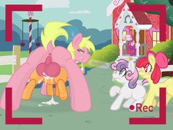 Size: 2048x1536 | Tagged: explicit, artist:dragonlover69, artist:lefthighkick, apple bloom, scootaloo, sweetie belle, oc, oc:dragonlover69, age difference, alternate version, balls, big balls, big dom small sub, blank flank, blushing, camera shot, canon x oc, cheerilee, creampie, cum, cumming, cutie mark crusaders, dialogue, dripping, dripping cum, earth pony, exhibitionism, female, filly, filming, foal, foalcon, g4, imported from derpibooru, large balls, large butt, male, pegasus, penetration, pony, public sex, raised hoof, recording, scoover, sex, size difference, smiling, smirk, stallion, stallion on filly, straight, unicorn, vaginal