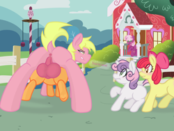 Size: 2048x1536 | Tagged: explicit, artist:dragonlover69, artist:lefthighkick, apple bloom, scootaloo, sweetie belle, oc, oc:dragonlover69, age difference, balls, big balls, big dom small sub, blank flank, blushing, canon x oc, cheerilee, cutie mark crusaders, exhibitionism, female, filly, foal, foalcon, g4, imported from derpibooru, large balls, large butt, male, penetration, pony, public sex, scoover, sex, size difference, smiling, smirk, stallion, stallion on filly, straight, vaginal