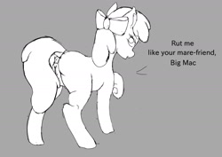 Size: 1414x1000 | Tagged: explicit, artist:whogivesafuck, apple bloom, anus, black and white, bow, butt, dock, earth pony, female, filly, foal, foalcon, g4, gray background, grayscale, hair bow, implied big macintosh, implied incest, implied macbloom, implied shipping, implied straight, imported from derpibooru, lineart, looking back, monochrome, nudity, offscreen character, plot, ponut, pony, presenting, rear view, simple background, sketch, solo, solo female, vulva