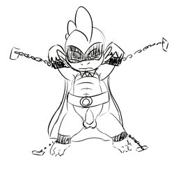 Size: 3000x3000 | Tagged: explicit, artist:squeakydweeb, spike, armpits, balls, belt, bondage, cape, chains, clothes, defeated, dragon, dragon dick, erection, foalcon, g4, high res, humdrum costume, imported from derpibooru, looking at you, male, mask, monochrome, nudity, penis, power ponies, restrained, sad, sad face, shackles, solo, solo male